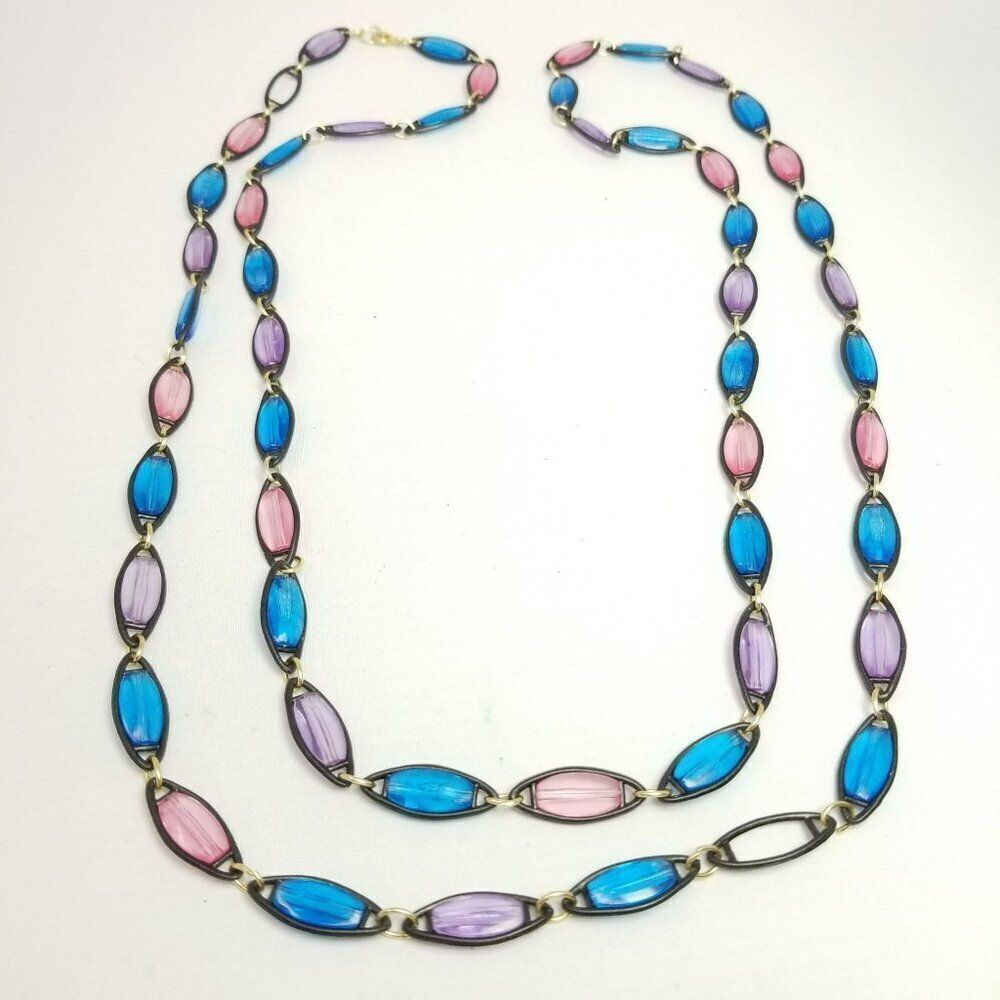 Vintage Blue Pink Purple Panel Chain Necklace, Long Length, Retro 60s 70s Estate